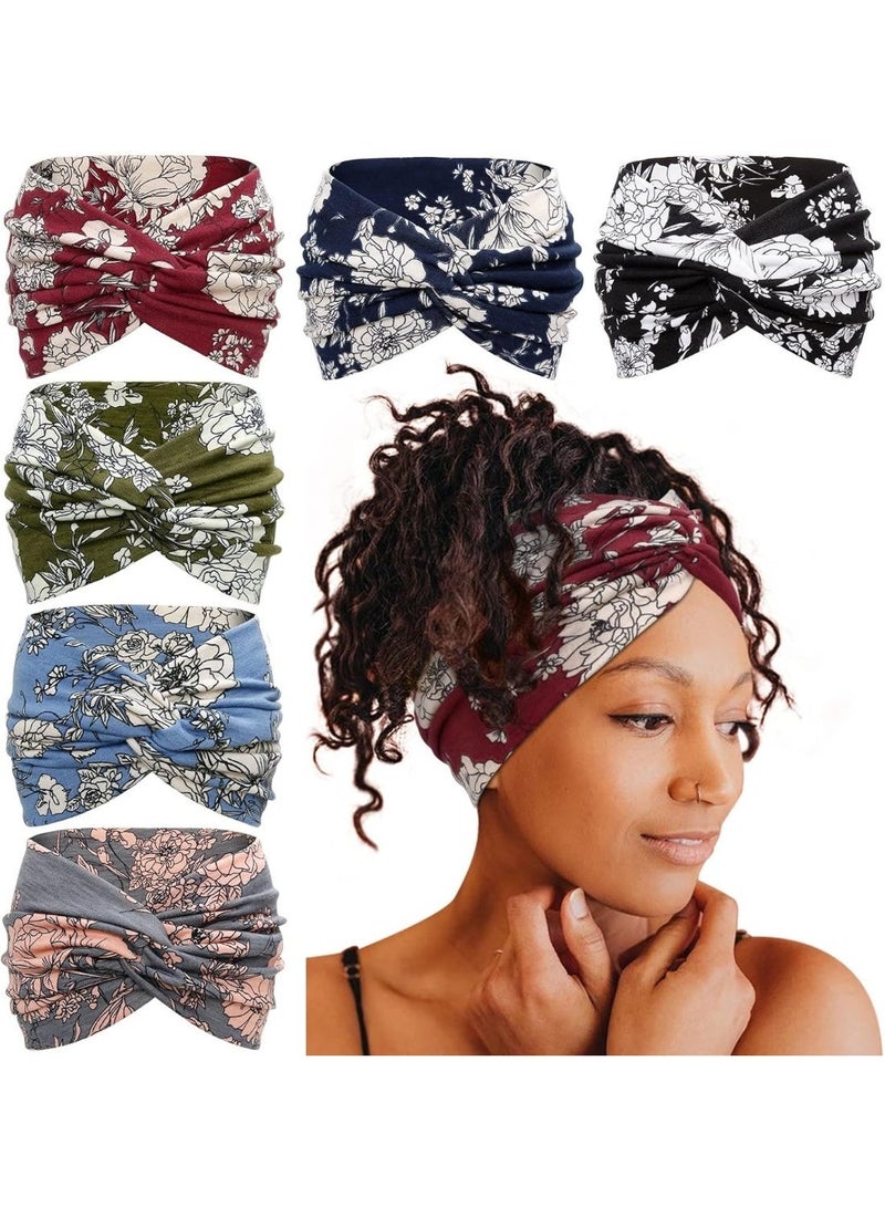 Bukela Wide Floral Turban Headbands for Women, 6Pcs Boho Twist Hair Wraps, Soft & Stretchy Non-Slip Hairbands for Workout, Yoga, Casual Wear, Elastic Hair Accessories - Image 1